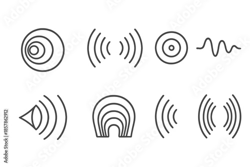 Abyss Echo Icons. Line style icons of abyss echo communication: deep sound tunnel, vibration corridor, echo signal ring,