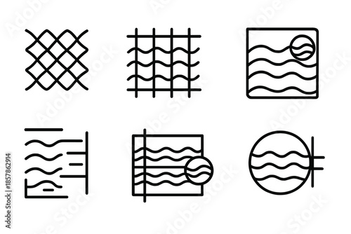Fluid Pattern Icons. Line style icons of fluid pattern engineering: hydrodynamic weave unit, liquid grid shaper, wave pattern