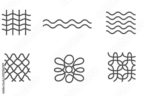 Water-Inspired Line Icons. Line style icons of water-woven patterns: flowing thread grid, ripple stitch line, aquatic weave loop,