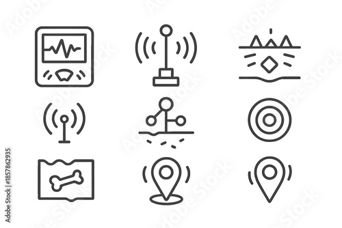 Seismic Indicator Icons. Line style icons of quaking find indicators: ground motion meter, seismic pulse beacon, treasure signal