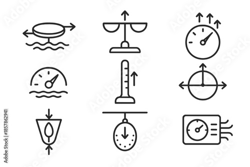 Airborne Balance Icons. Line style icons of airborne balance systems: wind equilibrium disk, air pressure scale, floating node