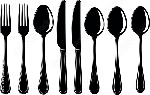 Black silhouette cutlery set illustration with forks knives and spoons for kitchen dining restaurant menu design isolated on white background.