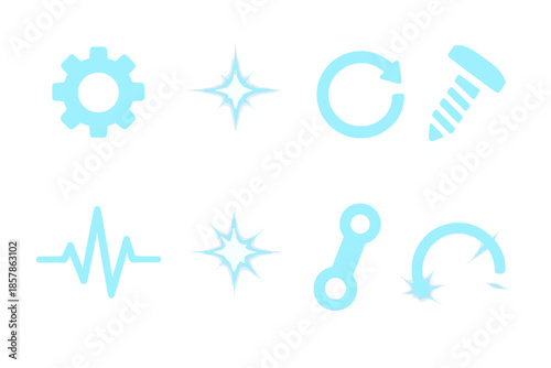 Glowing Repair Icons. Solid style icons of glowing repair mechanism: gear part, light flare, rotating ring, screw icon, pulse path