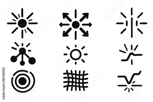 Radiant Network Icons. Solid style icons of radiant network junctions: glowing hub, connecting arrows, luminous dots, pulse beam,