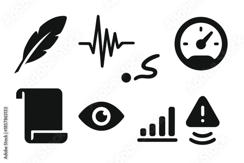 Literary Seismology Icons. Solid style icons of literary seismology tools: quill feather, tremor lines, ink trail, motion dial,