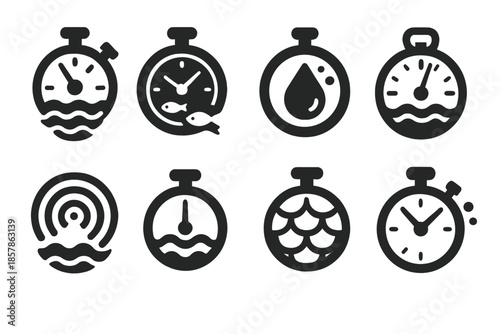Underwater Meter Icons. Solid style icons of underwater temporal meters: current dial, marine clock, droplet ring, circular scale,