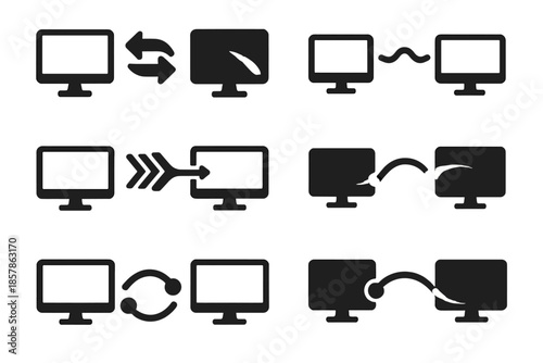 Dynamic Screen Connection. Solid style icons of gleaming flow between screens: screen outline, connecting arrows, light streak,