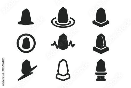 Solid Style Micro Icons. Solid style icons of microscopic stone markers: small monolith, particle ripple, pedestal outline, pulse