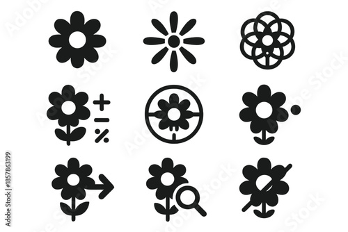 Mathematical Flower Icons. Solid style icons of flower head mathematics: bloom silhouette, radial lines, geometric grid,