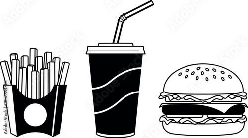 Fast food meal set with french fries in box soda cup with straw and delicious burger isolated on white background