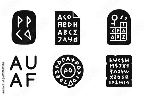 Cryptic Language Icons. Solid style icons of cryptic languages: carved runes, coded alphabet, cipher key, ancient tablet, symbolic