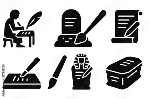 Ancient Writing Tools. Solid style icons of ancient burial writers: stone tablet scribe, funerary quill, grave carving stylus,