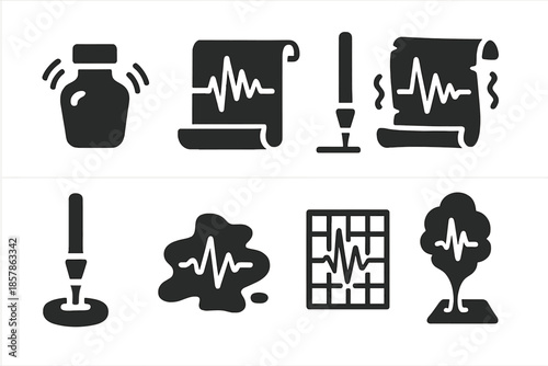 Seismic Ink Icons. Solid style icons of ink-based seismic readers: shaking ink bottle, waveform scroll, recording brush, trembling