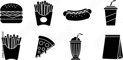 Flat Vector Icon Set of Fast Food Items Including Burger French Fries Hot Dog Pizza Slice Soda Milkshake and Takeout Bag