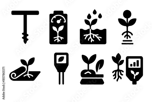 Botanical Tools Icons. Solid style icons of botanical reinforcement tools: soil anchor probe, root strength gauge, erosion