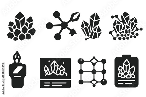 Crystal Swarm Icons. Solid style icons of swarm crystal study: clustered gem matrix, mineral node web, crystalline swarm structure