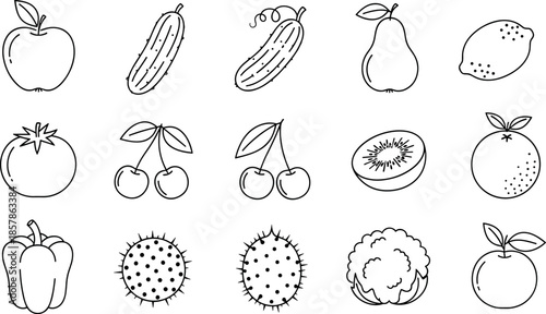 Fresh Organic Fruit and Vegetable Line Art Icon Set Featuring Apple Cucumber Pear Lemon Tomato Cherry Kiwi Orange Pepper Rambutan Cauliflower