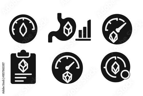 Crystal Consumption Indicators. Solid style icons of crystal consumption markers: mineral intake gauge, digestion indicator light,