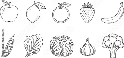 Hand Drawn Fruit and Vegetable Line Art Icons Set with Apple Lemon Orange Strawberry Banana Pea Lettuce Cabbage Garlic and Broccoli