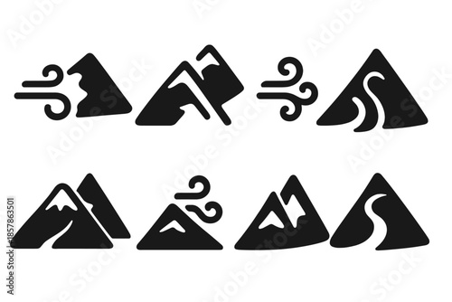 Breezy Summit Icons. Solid style icons of a breezy climb to the summit: wind-swept ridge line, ascending air path, gust-driven