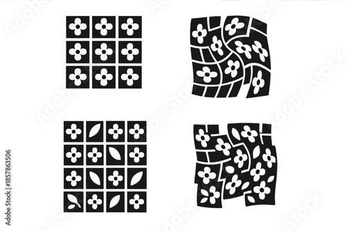 Kinetic Floral Mosaic. Solid style icons of a floral mosaic in motion: kinetic flower tiles, rotating bloom pattern, shifting