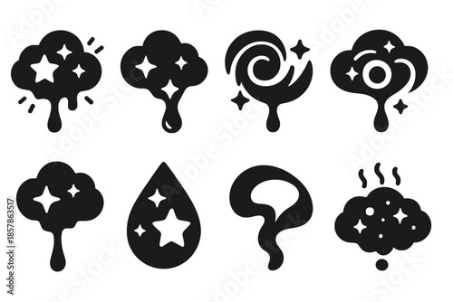 Stellar Nectar Flow. Solid style icons of a star cloud producing sweet liquid: radiant nebula drip, glowing stellar nectar, cosmic