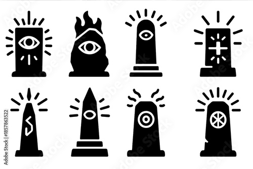 Mystic Monolith Icons. Solid style icons of a seer monolith: radiant foresight monument, glowing prophecy stone, illuminated