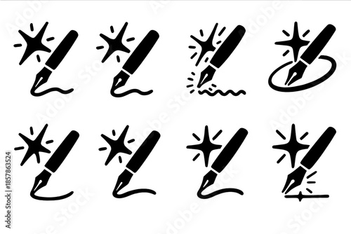 Radiant Stellar Quill. Solid style icons of a distant star writing with a shaking pen: radiant stellar quill, cosmic ink trail,