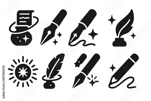 Galactic Writing Icons. Solid style icons of galactic handwriting devices: celestial script tool, radiant ink generator, cosmic