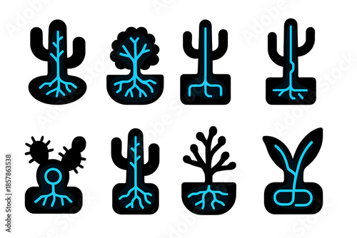 Xenon-Infused Cactus System. Solid style icons of a desert plant's water system with noble gas: glowing vascular network,