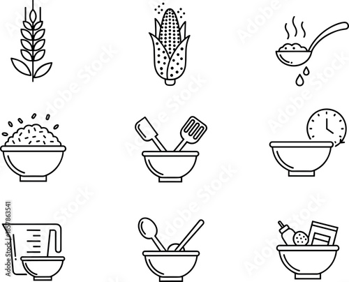 Line art vector icons set featuring grain stalks, corn, cooking bowls, measuring cups, and kitchen utensils for recipe preparation steps.