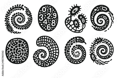 Microbial Pattern Art. Solid style icons of a microbial number pattern painting: bio-fractal pattern, numerical cell mosaic,