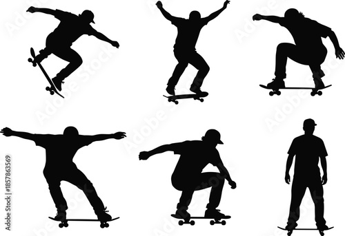 Set of Skateboarder Silhouettes Performing Dynamic Tricks and Jumps for Extreme Sports Graphic Design and Youth Street Culture Concept Art
