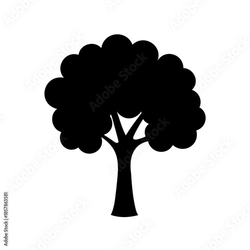 Silhouette of a lush tree with thick foliage and sturdy trunk isolated