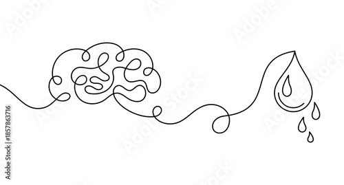 One line human brain connected to teardrop symbolizing emotional pain, stress and burnout. Minimalist continuous line art concept for psychology, mental health, therapy and emotional exhaustion