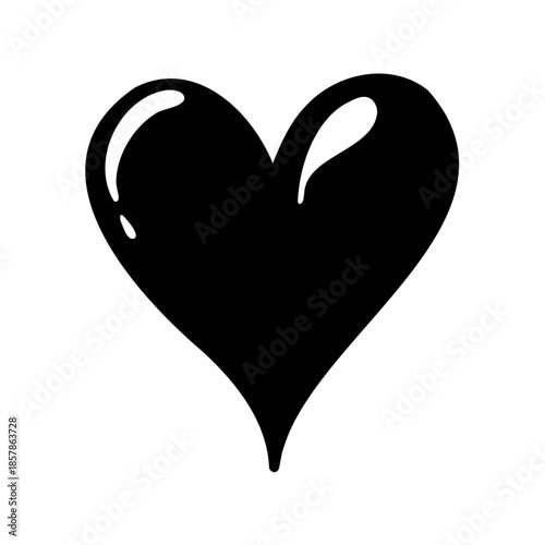 Black heart with glossy reflections, a symbol of love and affection, sketch