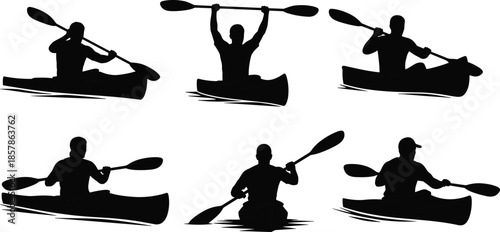 Set of Kayak and Canoe Silhouettes Featuring People Paddling in Various Poses for Outdoor Water Sports and Summer Adventure Design Concepts