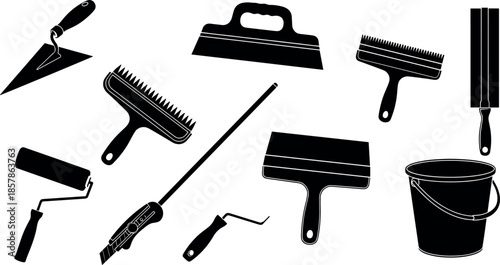 Professional Construction and Finishing Hand Tools Set Silhouette Icons for Painting Plastering Tiling Masonry Renovation and DIY Home Improvement Project Vector