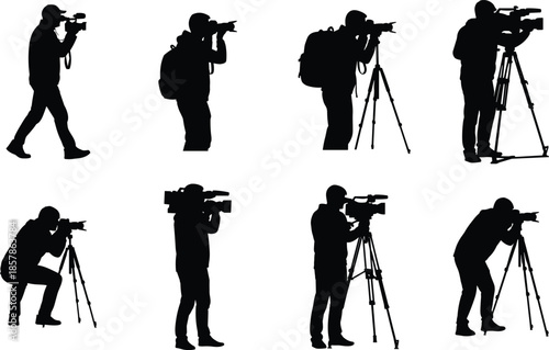 Set of Professional Photographer and Videographer Silhouettes Using Cameras and Tripods in Various Poses Isolated on a Clean White Background