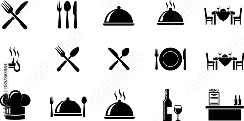 Set of restaurant and fine dining icons featuring cutlery, cloche, chef hat, wine bottle, and dinner table for gastronomy hospitality.