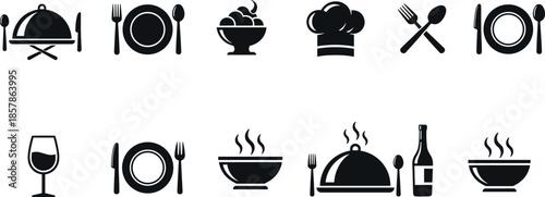 Set of Restaurant Icons Featuring Dining Plates Cutlery Chef Hat Wine Bottle and Hot Soup Bowls for Catering and Menu Design