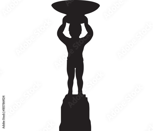 Silhouette of a standing human figure on a pedestal balancing a large round plate on the head