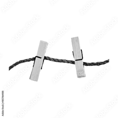 Black and white halftone illustration of clothespins on a rope. Minimal dotted graphic style, concept of laundry, household routine, simplicity, everyday life and domestic organization.