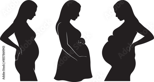 Three black silhouettes of pregnant women with varying postures demonstrating different stages of pregnancy
