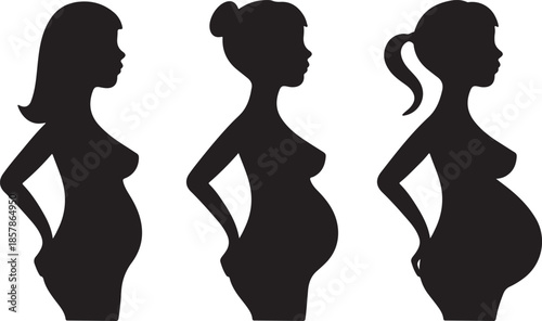 Three black silhouettes of pregnant women showcasing various stages of pregnancy and maternal figures looking forward