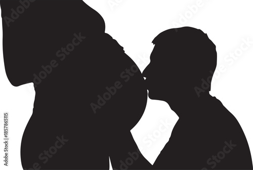 A loving father gently kisses the prominent baby bump of his pregnant partner in silhouette