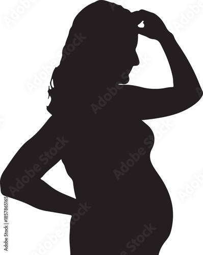 A thoughtful silhouette of a pregnant woman with one hand on her head and the other on her hip