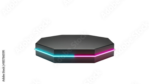 Octagon Podium with Neon Lights on White Background
