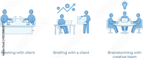 Business meeting, client briefing, creative brainstorming, teamwork, collaboration, office discussion, strategy planning, flat design, vector illustration, workplace communication