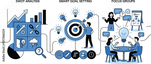 Business strategy tools, SWOT analysis, SMART goals, focus group discussion, planning methods, teamwork, brainstorming, data, flat vector illustration